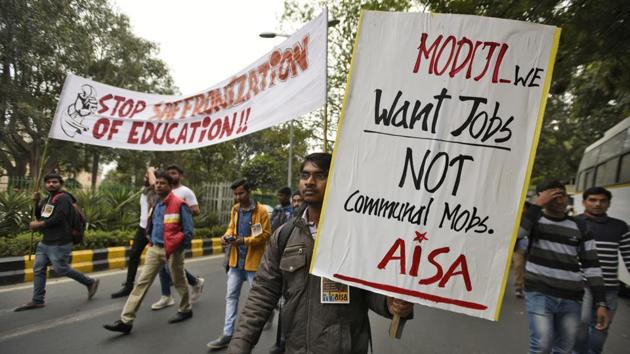 Some of the demands raised include filling up of all government vacancies, creation of government jobs, stopping the fund cuts and seat cuts, spending 10% of the country’s GDP on education, implementing the Right to Dignified Employment as a Fundamental Right and an end to an ‘environment of hate and discrimination in Universities and other spaces’. (Burhaan Kinu / HT Photo)
