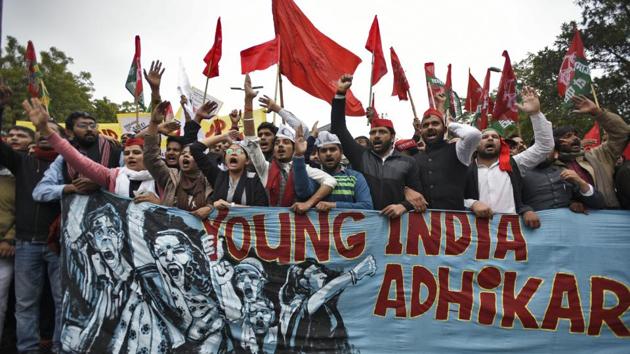 Student groups affiliated to opposition political parties marched from Red Fort to Jantar Mantar as they participated in the Young India Adhikar March against Prime Minister Narendra Modi’s government over a range of issues including lack of jobs, investment in the education sector and autonomy of universities. (Burhaan Kinu / HT Photo) Student groups affiliated to opposition political parties marched from Red Fort to Jantar Mantar as they participated in the Young India Adhikar March against Prime Minister Narendra Modi’s government over a range of issues including lack of jobs, investment in the education sector and autonomy of universities. (Burhaan Kinu / HT Photo)