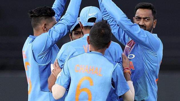 Auckland: India celebrates the wicket of New Zealand's Colin Munro during their twenty/20 cricket international at Eden Park in Auckland. (AP)