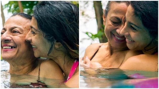 Tanishaa Mukerji and her mother Tanuja enjoy time together in a swimming pool.