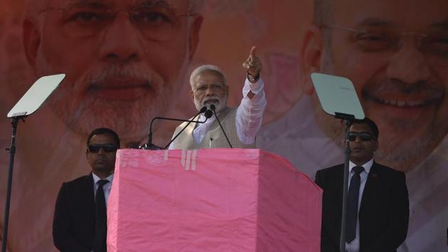 Prime Minister Narendra Modi addressed a public meeting in Chhattisgarh’s Raigarh district. He also addressed a rally in West Bengal’s Maynaguri and laid the foundation stone for the four-laning of the Falakata – Salsalabari section of NH-31 D and inaugurated New High Court Circuit Bench in Jalpaiguri. (Arijit Sen / HT File)