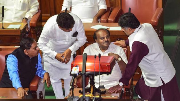 Karnataka Chief Minister HD Kumaraswamy with state ministers DK Shivakumar, MB Patil and DCM G Parameshwara at the start of State Budget Session of Karnataka Assembly, in Bengaluru, Friday. (PTI) Karnataka Chief Minister HD Kumaraswamy with state ministers DK Shivakumar, MB Patil and DCM G Parameshwara at the start of State Budget Session of Karnataka Assembly, in Bengaluru, Friday. (PTI)
