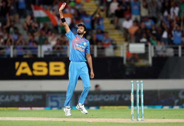 India's Khaleel Ahmed celebrates the wicket of New Zealand's Tim Southee during the second Twenty20 international cricket match between New Zealand and India in Auckland. (AFP)