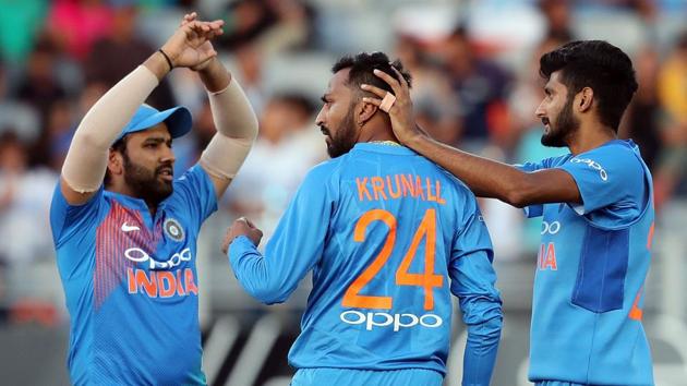 India's Krunal Pandya (2nd R) celebrates the wicket of New Zealand's Kane Williamson during the second Twenty20 international cricket match between New Zealand and India in Auckland. (AFP) India's Krunal Pandya (2nd R) celebrates the wicket of New Zealand's Kane Williamson during the second Twenty20 international cricket match between New Zealand and India in Auckland. (AFP)
