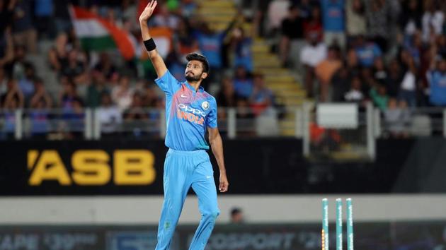 India's Khaleel Ahmed celebrates the wicket of New Zealand's Tim Southee. (AFP) India's Khaleel Ahmed celebrates the wicket of New Zealand's Tim Southee. (AFP)