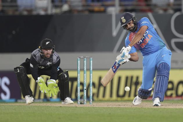 Auckland: India's Rohit Sharma bats fielded by wicketkeeper New Zealand's Tim Seifert during their Twenty20 cricket international at Eden Park in Auckland. (AP)