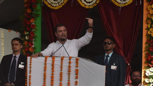 Congress president Rahul Gandhi kicked off his party’s campaign for the Lok Sabha election in Madhya Pradesh with a farmers’ rally in Bhopal today. “You are the master, the masters are youth and farmers,” said Gandhi at the rally. (Mujeeb Faruqui / HT Photo)