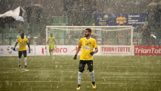 Real Kashmir’s Danish Farooq looks during their I-League club football match against Gokulam Kerala FC on February 06, 2019. Bullets are heard every day in the world’s most militarised zone, but shots fired on goal by Danish Farooq have become a revelation in Kashmir. Farooq has defied stone-pelting protesters and pellets shot by security forces to make it to training. (Tauseef Mustafa / AFP)