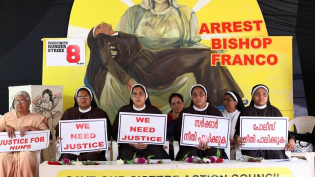 The Jalandhar diocese of the Roman Catholic Church has revoked the transfers of the nuns protesting against rape-accused Bishop Franco Mulakkal . (Photo by Vivek Nair / Hindustan Times)(HT Photo)