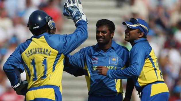 File image of former Sri Lanka cricketers Muttiah Muralitharan (C), Mahela Jayawardene (R) and Kumar Sangakkara(Getty Images)