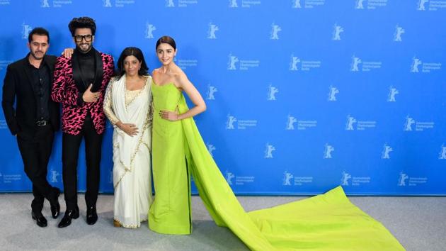 Producer Ritesh Sidhwani, Ranveer Singh, director Zoya Akhtar and Alia Bhatt pose during a photocall for the film Gully Boy presented in the special gala section at the 69th Berlinale film festival on February 9, 2019 in Berlin. (Photo by John MACDOUGALL / AFP)(AF)
