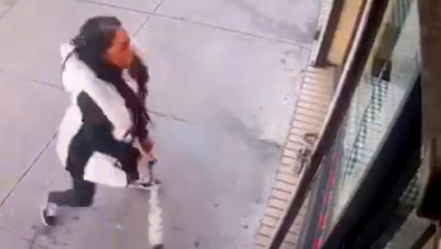 On Saturday, police released surveillance video of the woman in action in the Bronx — smashing a restaurant's windows after learning the eatery had run out of her favorite food.(Screengrab from video released by NYPD)