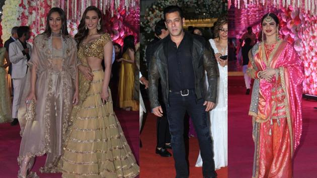 Sonakshi Sinha, Iulia Vantur and Salman Khan at Azhar Morani’s wedding reception in Mumbai.(Varinder Chawla)