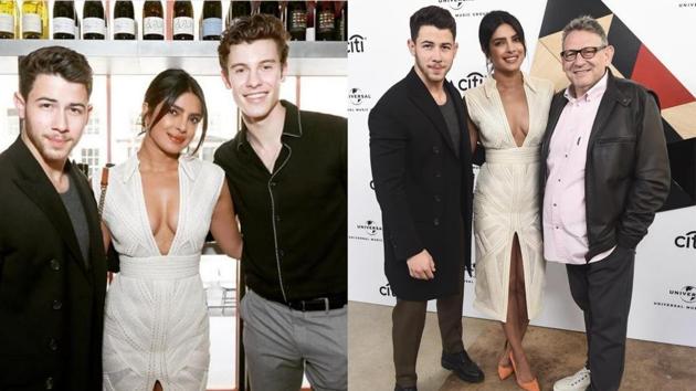 Nick Jonas, Priyanka Chopra with Shawn Mendes and Sir Lucian Grainge at the event.