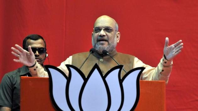 Amit Shah reiterated that the BJP is committed to building the Ram temple in Ayodhya.(HT photo) Amit Shah reiterated that the BJP is committed to building the Ram temple in Ayodhya.(HT photo)