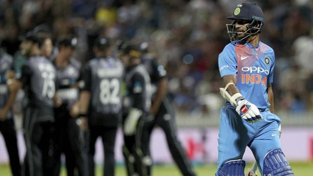 Shikhar Dhawan leaves the field after being caught by New Zealand's Daryl Mitchell. (AP) Shikhar Dhawan leaves the field after being caught by New Zealand's Daryl Mitchell. (AP)