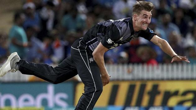 New Zealand's Blair Tickner bowls against India during their twenty/20 cricket international at Seddon Park in Auckland. (AP)