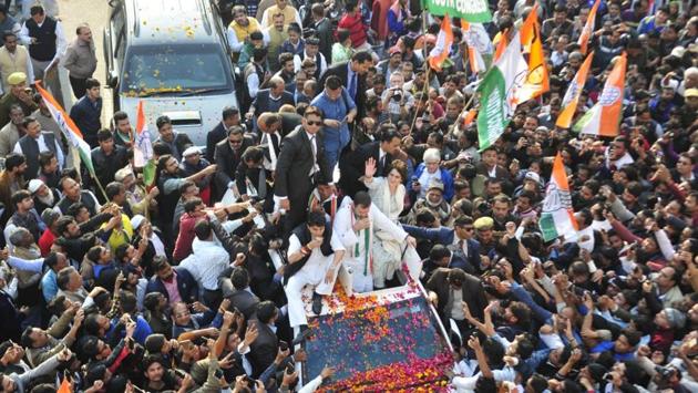 Congress President Rahul Gandhi along with Priyanka Gandhi Vadra, Congress general secretary in-charge of east Uttar Pradesh and other senior leaders are seen during a roadshow, in Lucknow. “We will play on front foot not on back foot. Obviously, the aim is Lok Sabha polls, but I have told Priyanka and Scindia that the bigger aim is to win UP in 2022,” Rahul Gandhi said. (Deepak Gupta / HT Photo)