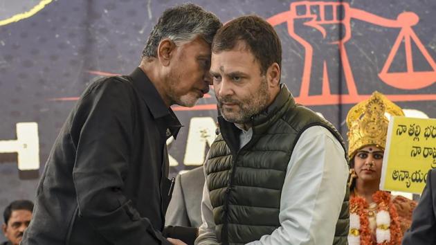 Congress President Rahul Gandhi and Andhra Pradesh Chief Minister Chandrababu Naidu during 'Dharma Porata Deeksha', a day-long fast to demand special status for the state of Andhra Pradesh, in New Delhi. “The PM has stolen from the people from Andhra Pradesh and given it to his industrialist friends,” Gandhi alleged at the protest venue in an apparent reference to the Rafale fighter jet deal with France. (Kamal Singh / PTI)