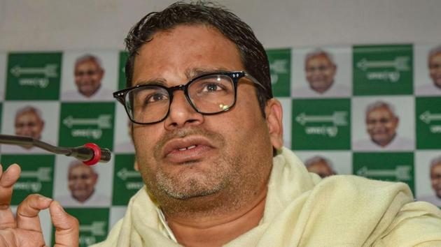Election strategist and JDU leader Prashant Kishor addresses a press conference at his party office, in Patna on February 11.(PTI Photo)