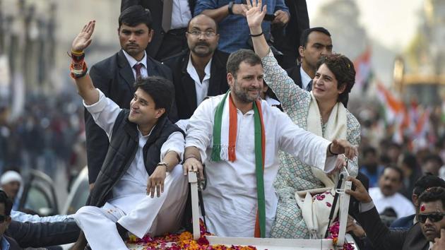 Congress President Rahul Gandhi with party general secretaries Priyanka Gandhi Vadra and Jyotiraditya Madhavrao Scindia during a roadshow, in Lucknow. (PTI photo) Congress President Rahul Gandhi with party general secretaries Priyanka Gandhi Vadra and Jyotiraditya Madhavrao Scindia during a roadshow, in Lucknow. (PTI photo)