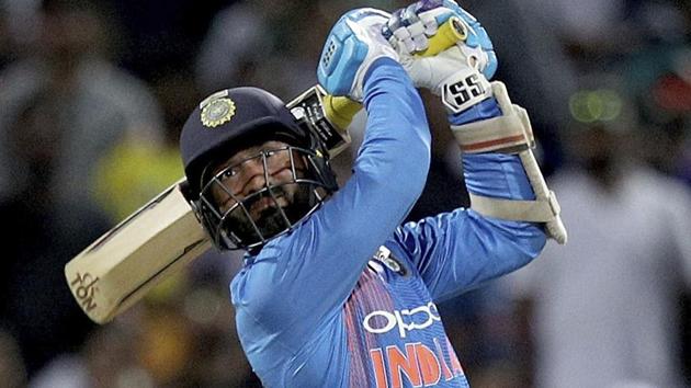 Dinesh Karthik bats during their T20 international against New Zealand.(AP)