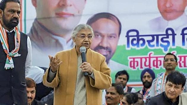 Delhi Congress chief Sheila Dikshit addresses a party workers meeting at Kirari, New Delhi, Sunday, Feb 10, 2019. (PTI) Delhi Congress chief Sheila Dikshit addresses a party workers meeting at Kirari, New Delhi, Sunday, Feb 10, 2019. (PTI)