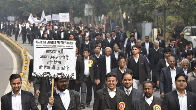 Lawyers in Delhi took part in a march from Patiala House Court to Jantar Mantar, part of a nationwide strike called by the Bar Council of India, demanding allocation of Rs 5,000 crore in the budget for the welfare of advocates. (Vipin Kumar / HT Photo) Lawyers in Delhi took part in a march from Patiala House Court to Jantar Mantar, part of a nationwide strike called by the Bar Council of India, demanding allocation of Rs 5,000 crore in the budget for the welfare of advocates. (Vipin Kumar / HT Photo)