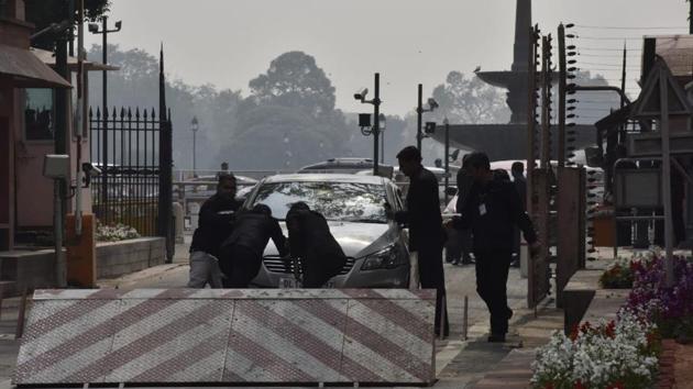 A high alert was sounded in the capital after the car of Congress Lok Sabha MP from Manipur Dr Thokchom Meinya rammed a barricade at the Parliament premises on Tuesday morning. The car got stuck on the security spikes and set off the security siren. Though no one was injured in the incident, the car suffered damage. The MP was not in the car when the incident took place. (Sanjeev Verma / HT Photo) A high alert was sounded in the capital after the car of Congress Lok Sabha MP from Manipur Dr Thokchom Meinya rammed a barricade at the Parliament premises on Tuesday morning. The car got stuck on the security spikes and set off the security siren. Though no one was injured in the incident, the car suffered damage. The MP was not in the car when the incident took place. (Sanjeev Verma / HT Photo)