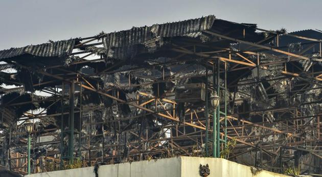 A view of charred remains on the rooftop of Karol Bagh's Hotel Arpit Palace where a massive fire broke out, in New Delhi, Tuesday, Feb. 12, 2019.(PTI photo)