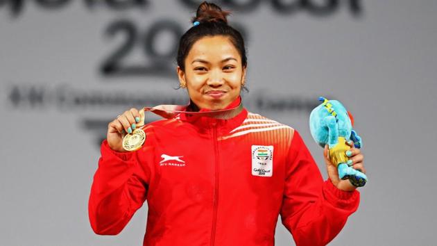 Chanu Saikhom Mirabai of India celebrates on the podium.(Getty Images)