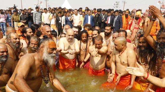 BJP president Amit Shah on Wednesday took a holy dip in the Sangam in Uttar Pradesh’s Prayagraj, where the 49-day Kumbh Mela is underway.(Amit Shah/Twitter)