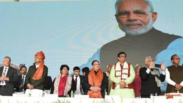 Union health minister JP Nadda (in orange stole) during the inauguration of the cancer hospital on Tuesday, Feb 12, 2019.(HT Photo)