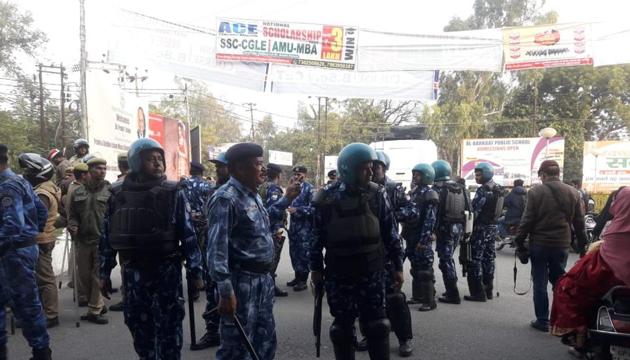 Rapid Action Force deployed at AMU circle in Aligarh on Tuesday, Feb 12, 2019. (HT Photo) Rapid Action Force deployed at AMU circle in Aligarh on Tuesday, Feb 12, 2019. (HT Photo)