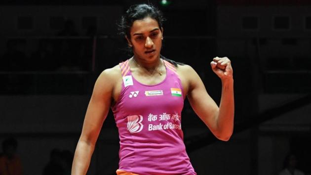 PV Sindhu reacts during her women's singles final match against Nozomi Okuhara.(AFP)