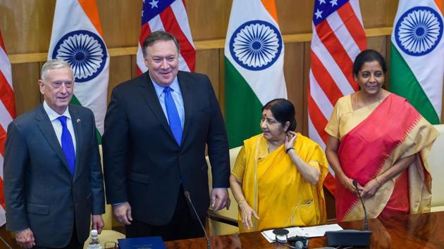 External affairs minister Sushma Swaraj, defence minister Nirmala Sitharaman, US Secretary of State Mike Pompeo and US secretary of defence James Mattis at a joint press conference after the India-US 2 + 2 Dialogue, in New Delhi on September 6, 2018. (PTI File Photo) External affairs minister Sushma Swaraj, defence minister Nirmala Sitharaman, US Secretary of State Mike Pompeo and US secretary of defence James Mattis at a joint press conference after the India-US 2 + 2 Dialogue, in New Delhi on September 6, 2018. (PTI File Photo)