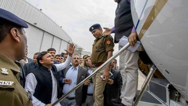 Samajwadi Party President Akhilesh Yadav was stopped by the district administration officials to board a flight for Prayagraj, at Ch. Charan Singh Airport in Lucknow, Tuesday, Feb 12, 2019. (PTI) Samajwadi Party President Akhilesh Yadav was stopped by the district administration officials to board a flight for Prayagraj, at Ch. Charan Singh Airport in Lucknow, Tuesday, Feb 12, 2019. (PTI)