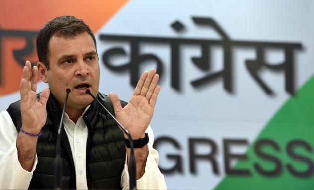 Congress President Rahul Gandhi addresses a special press conference on (AICC) headquarters, in New Delhi on February 12.(HT File Photo)
