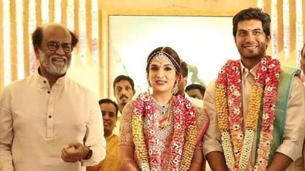 Rajinikanth with daughter Soundarya and son-in-law Vishagan Vanangamudi at their wedding in Chennai.(Instagram)