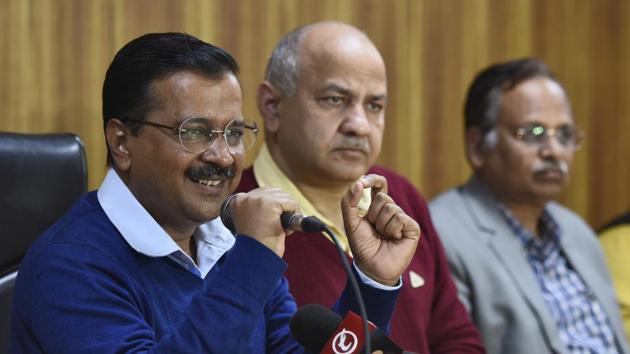 Delhi chief minister Arvind Kejriwal along with his cabinet ministers speaks during a press conference after the Supreme Court delivered its judgment on division of powers, at Civil Lines, in New Delhi.“If a government can’t even transfer its officers, how is it supposed to function? The party that has 67 seats doesn’t have the rights but the party that won 3 seats has those rights,” Kejriwal said. (Burhaan Kinu / HT Photo)