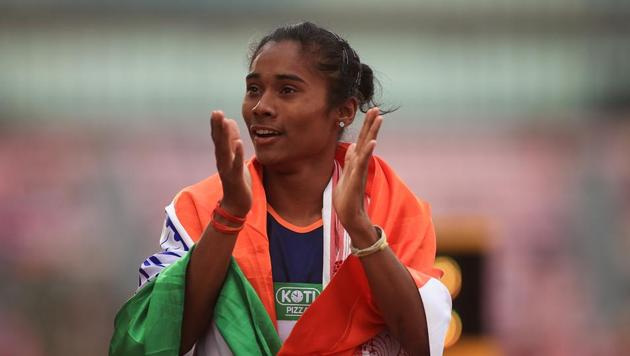 Hima Das of India celebrates winning gold in the final of the women's 400m on day three of The IAAF World U20 Championships on July 12, 2018 in Tampere, Finland(Getty Images for IAAF)