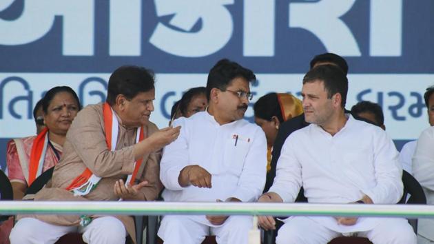 Congress President Rahul Gandhi, senior Congress leader Ahmed Patel and other leaders during ‘Jan Akrosh Rally’ at Lal Dungri village in Gujarat. “The Prime Minister keeps telling his mann ki baat, however, the Congress is here to your (the public’s) mann ki baat. You are the master, you have to order, we are here to fulfil your demands,” said Gandhi during the rally. (Siddharaj Solanki / HT Photo)