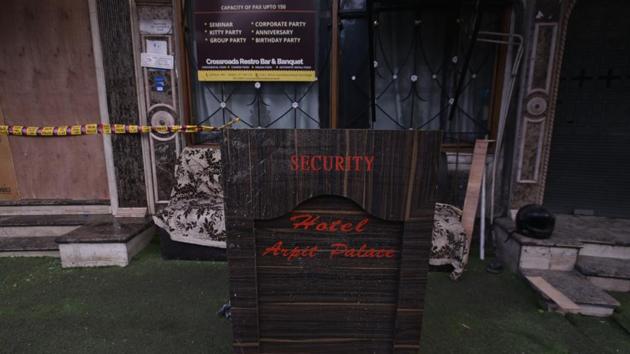 A sealed door of the Hotel Arpit Palace where a massive fire broke out on Feb 12, 2019, at Karol Bagh in New Delhi. (Biplov Bhuyan/HT Photo) A sealed door of the Hotel Arpit Palace where a massive fire broke out on Feb 12, 2019, at Karol Bagh in New Delhi. (Biplov Bhuyan/HT Photo)