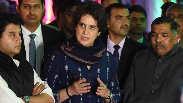 Congress general secretary in-charge of east UP Priyanka Gandhi Vadra, general secretary in-charge of west UP Jyotiraditya Scindia and Mahan Dal leader Keshav Dev Maurya at UPCC office in Lucknow, Uttar Pradesh, on February 13, 2019. (Subhankar Chakraborty/HT Photo) Congress general secretary in-charge of east UP Priyanka Gandhi Vadra, general secretary in-charge of west UP Jyotiraditya Scindia and Mahan Dal leader Keshav Dev Maurya at UPCC office in Lucknow, Uttar Pradesh, on February 13, 2019. (Subhankar Chakraborty/HT Photo)