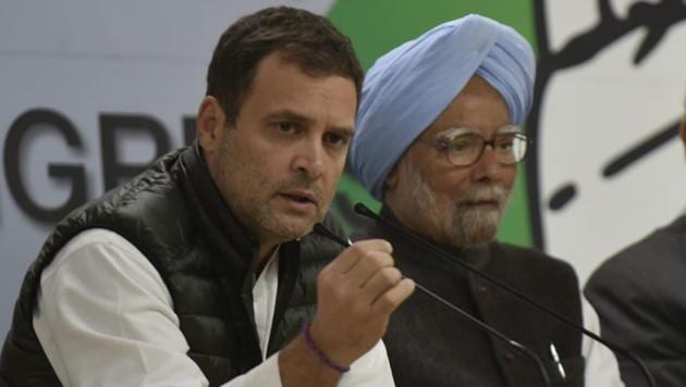 Congress president Rahul Gandhi along with former prime minister Manmohan Singh and senior Congress leader Ghulam Nabi Azad addresses the media at AICC regarding yesterday’s terrorist attack in Pulwama, in New Delhi. “The aim of terrorism is to divide the country, no one can divide this country and the entire opposition stands united with the security forces and the government,” Gandhi said at a press conference. (Vipin Kumar / HT Photo)