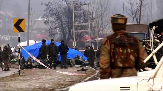 Central Reserve Police Force (CRPF) vehicle damaged during Improvised explosive device (IED) blast in Awantipora, Pulwama near Srinagar on Thursday.(ANI photo)