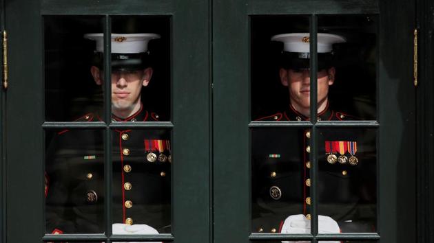 U.S. Marines stand their post prior to U.S. President Donald Trump and first lady Melania Trump welcoming Colombian President Ivan Duque and his wife Maria Juliana Ruiz to the White House in Washington. (Carlos Barria / REUTERS)