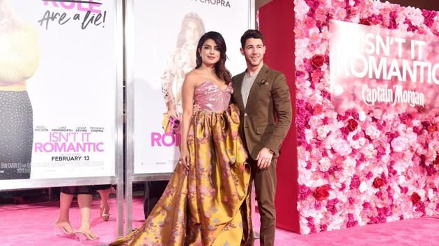 Priyanka Chopra and Nick Jonas attend the premiere of Warner Bros. Pictures' Isn't It Romantic.(AFP)