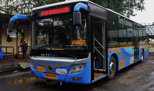 A bus parked at TMT’s Wagle Estate depot. (Praful Gangurde/ HT) A bus parked at TMT’s Wagle Estate depot. (Praful Gangurde/ HT)