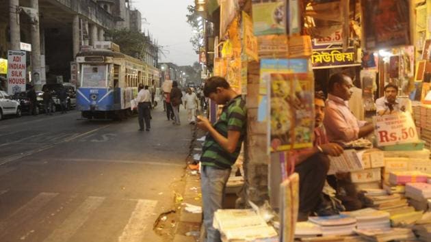 Iconic trams are seen at College Street, in Kolkata, West Bengal. (Samir Jana / HT Photo)